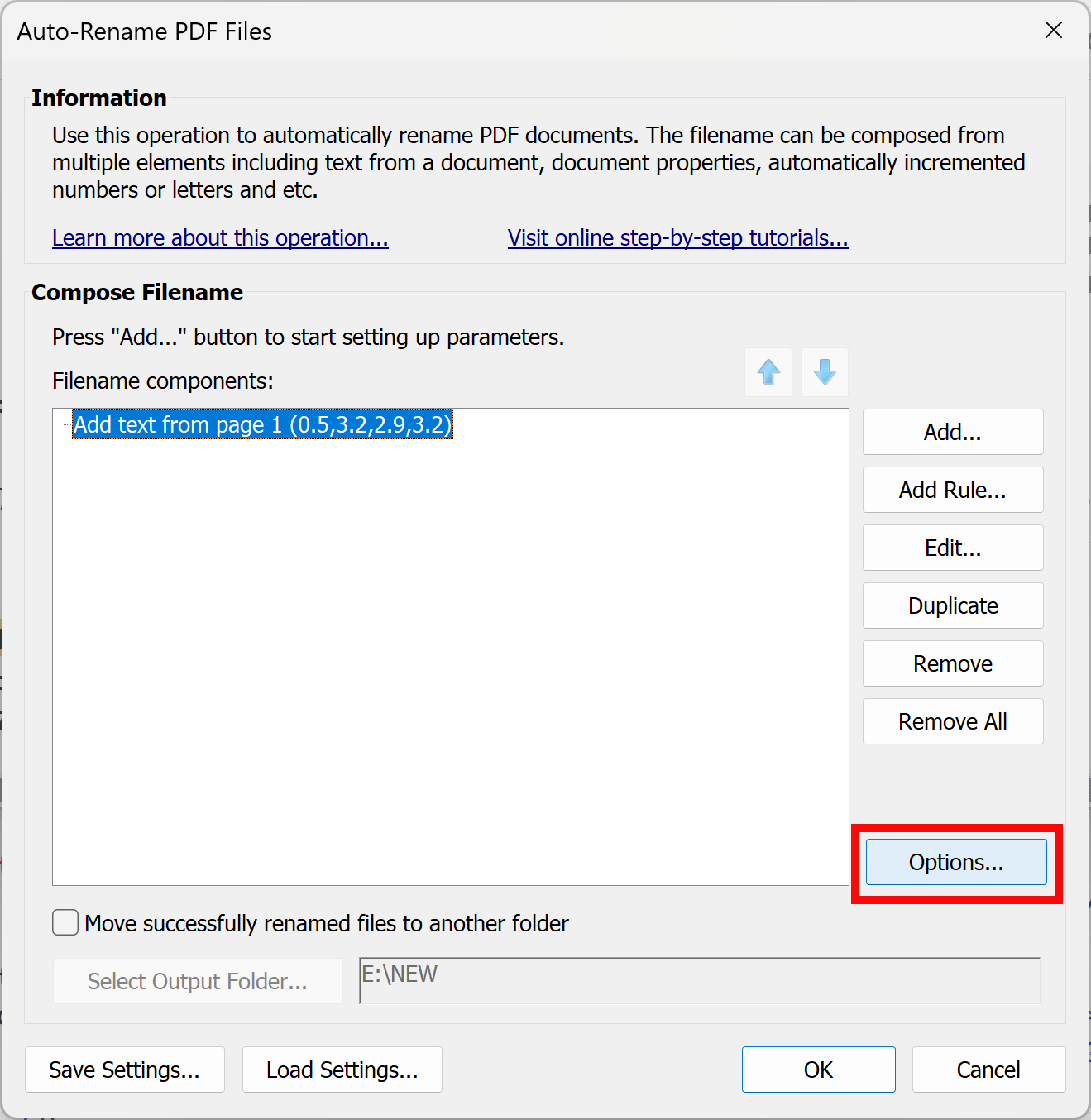Press Options button to access Options dialog