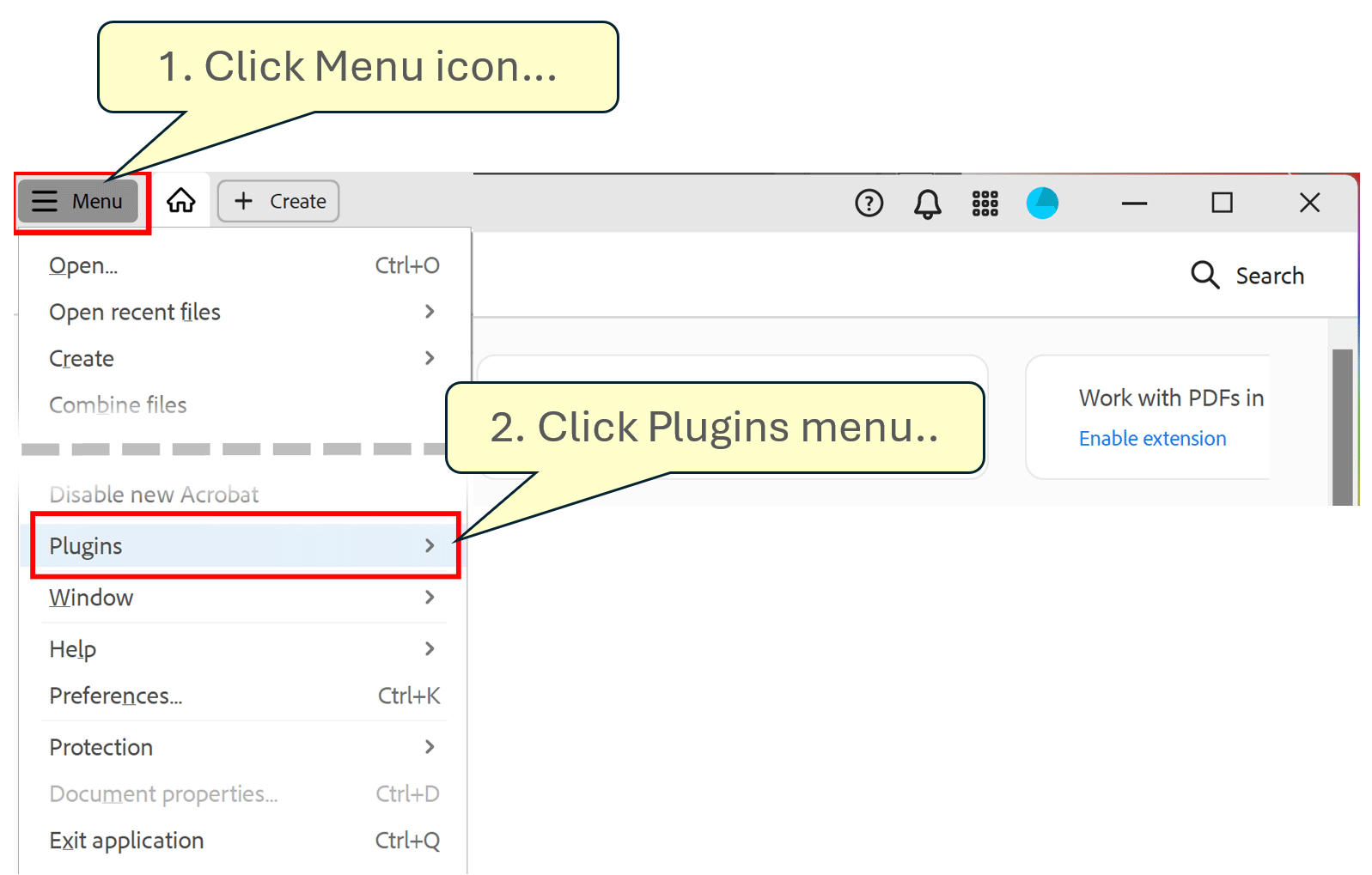 How to find Plugins menu in new Adobe Acrobat interface