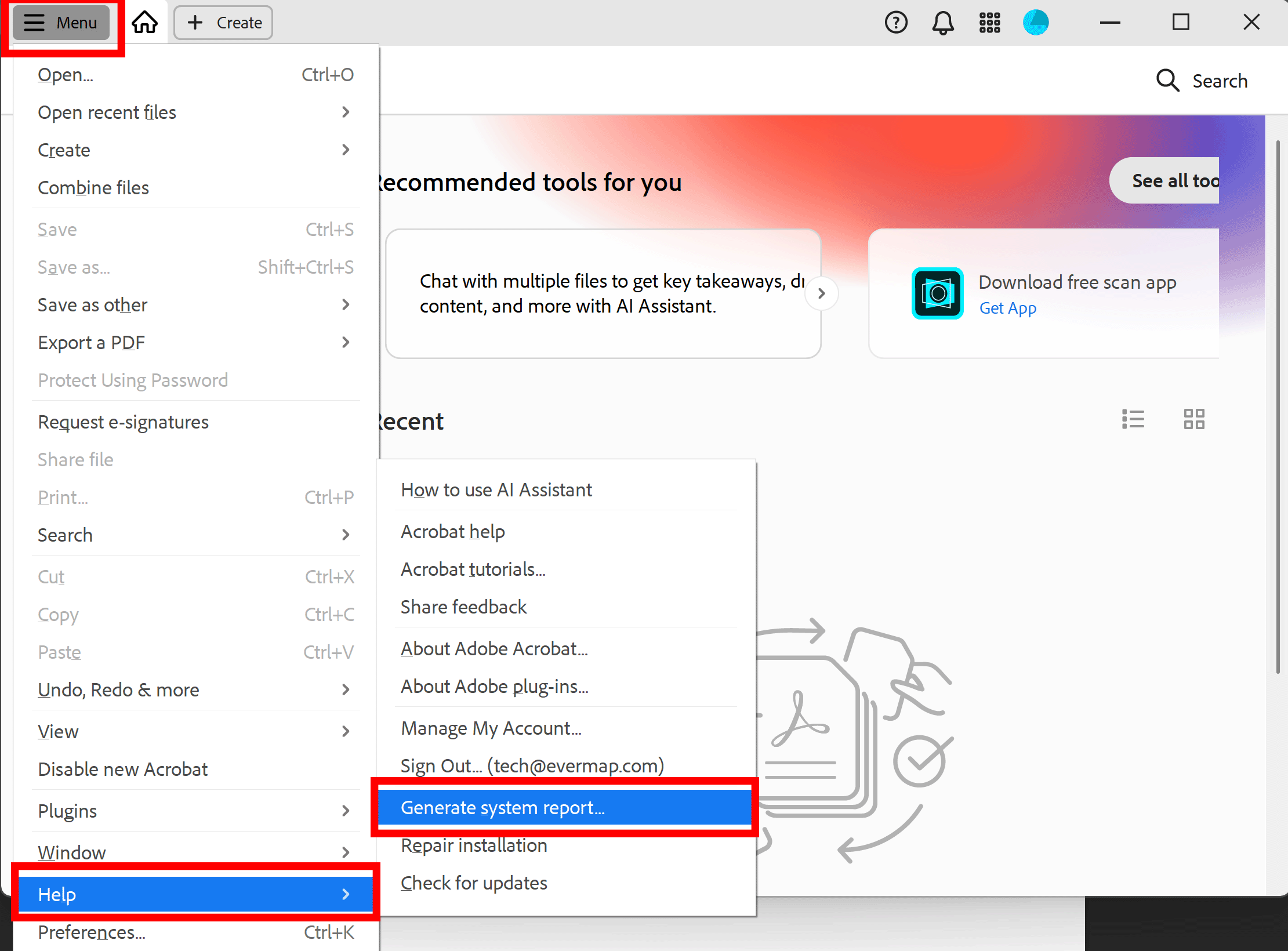 How to find Generate System Report menu in new Adobe Acrobat interface
