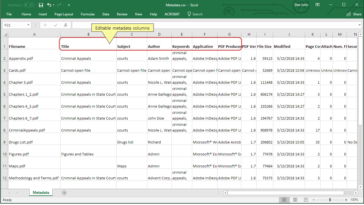 Editing Metadata for Multiple PDF Documents