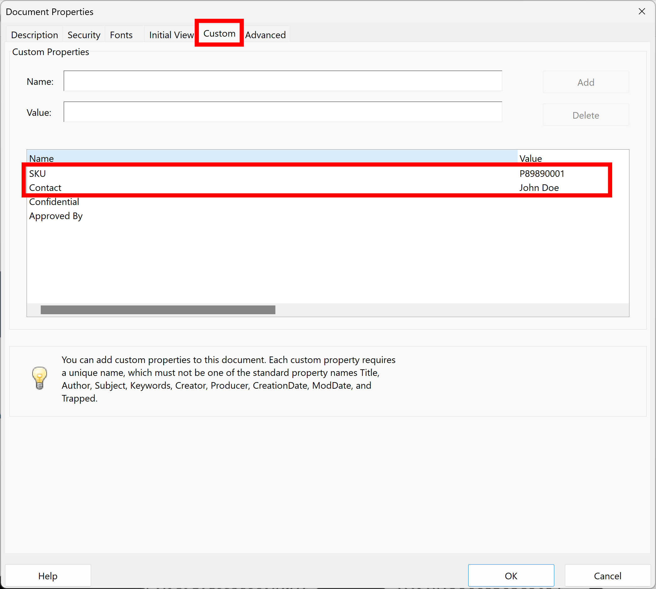 Review custom metadata fields in PDF document properties