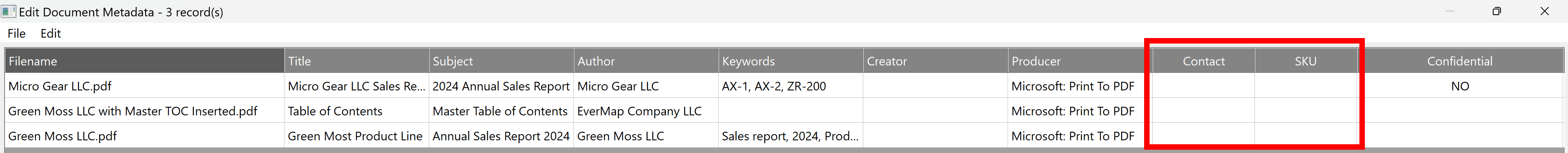 Metadata fields view (bottom)