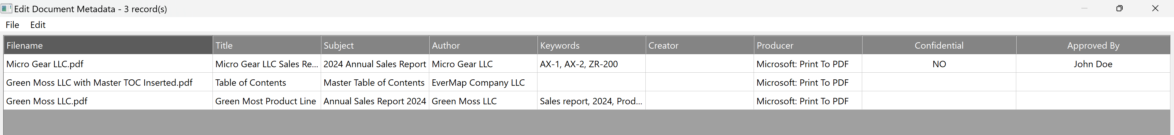 Metadata fields view (top)