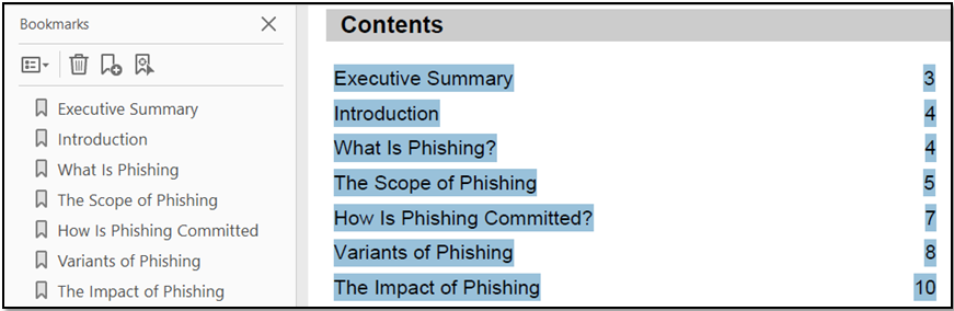 Bookmarking table of contents