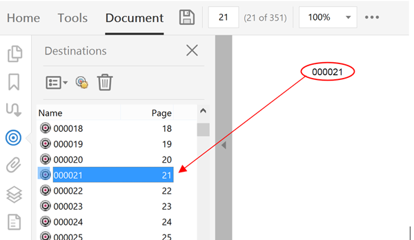 Create PDF destinations from Bates numbers