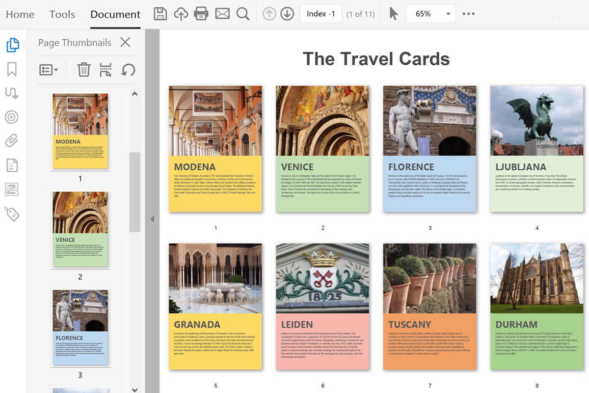 Visual page index for PDF document - Travel cards