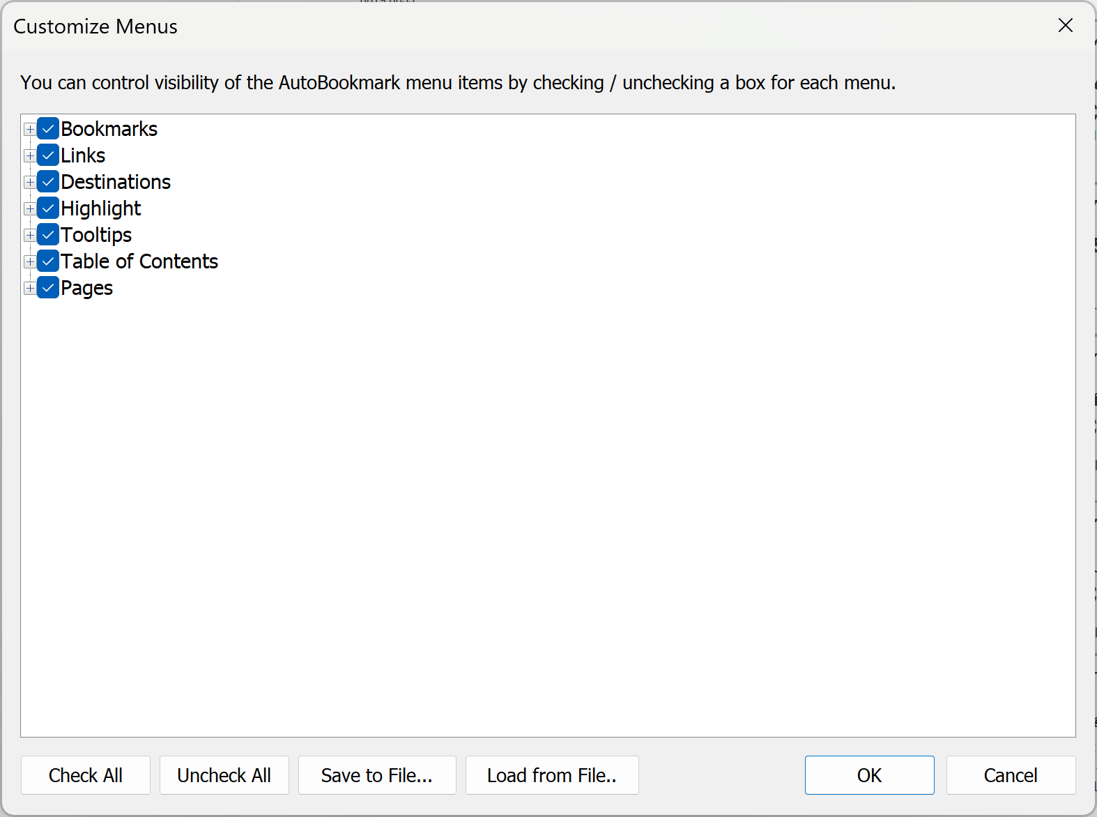 Customize Menu Dialog