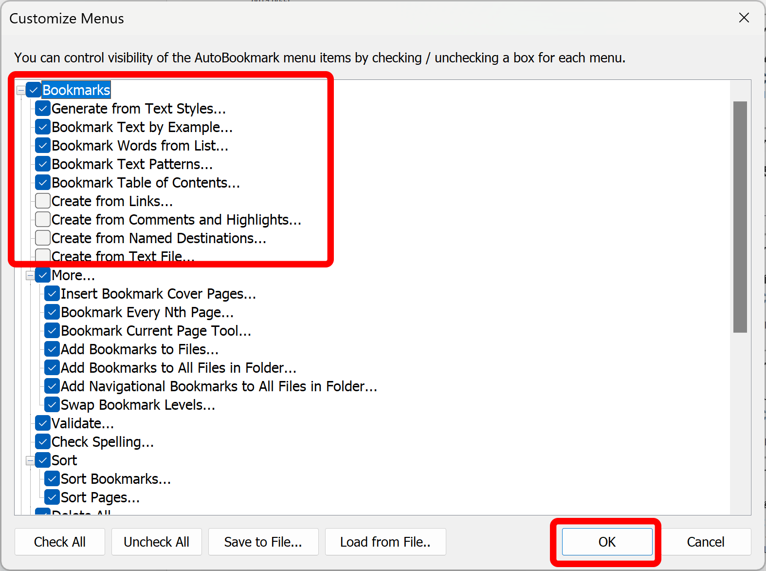 Check or uncheck boxes in front of the menu items