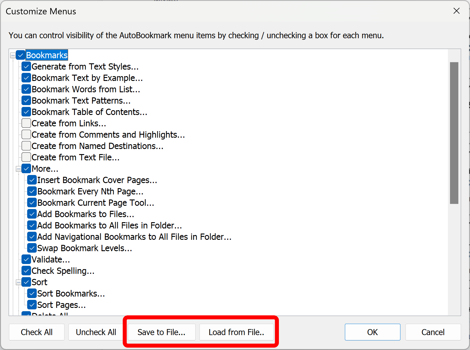 Save and load menu items into a settings file