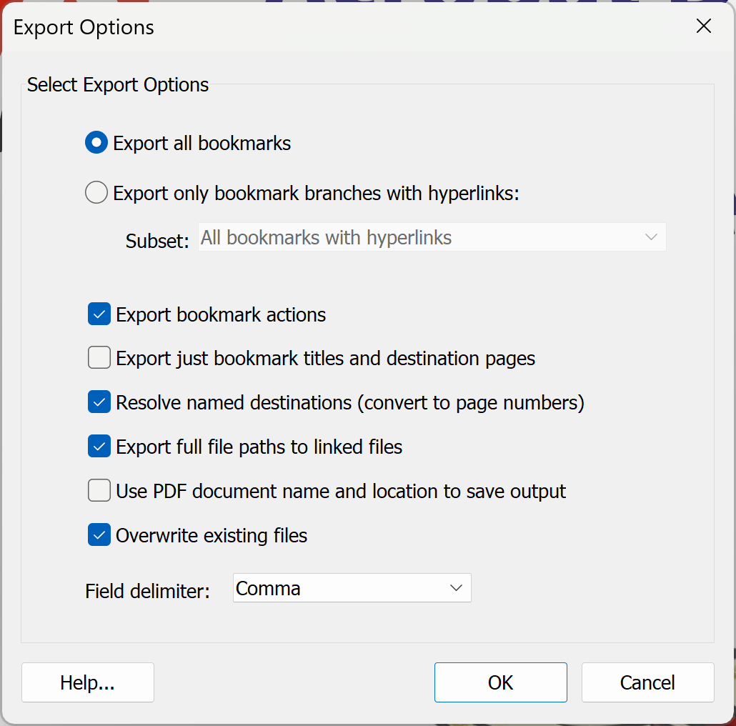 Bookmark export options