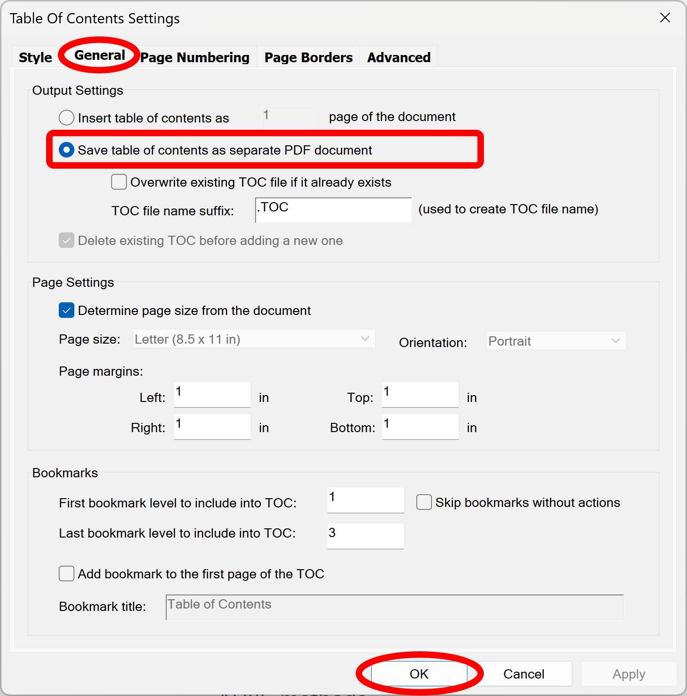 Save TOC into external PDF document