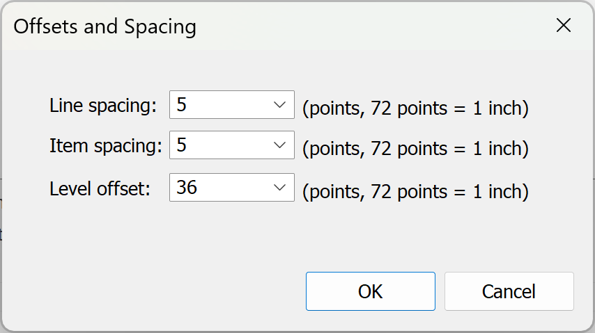 Specify offset and line spacing options