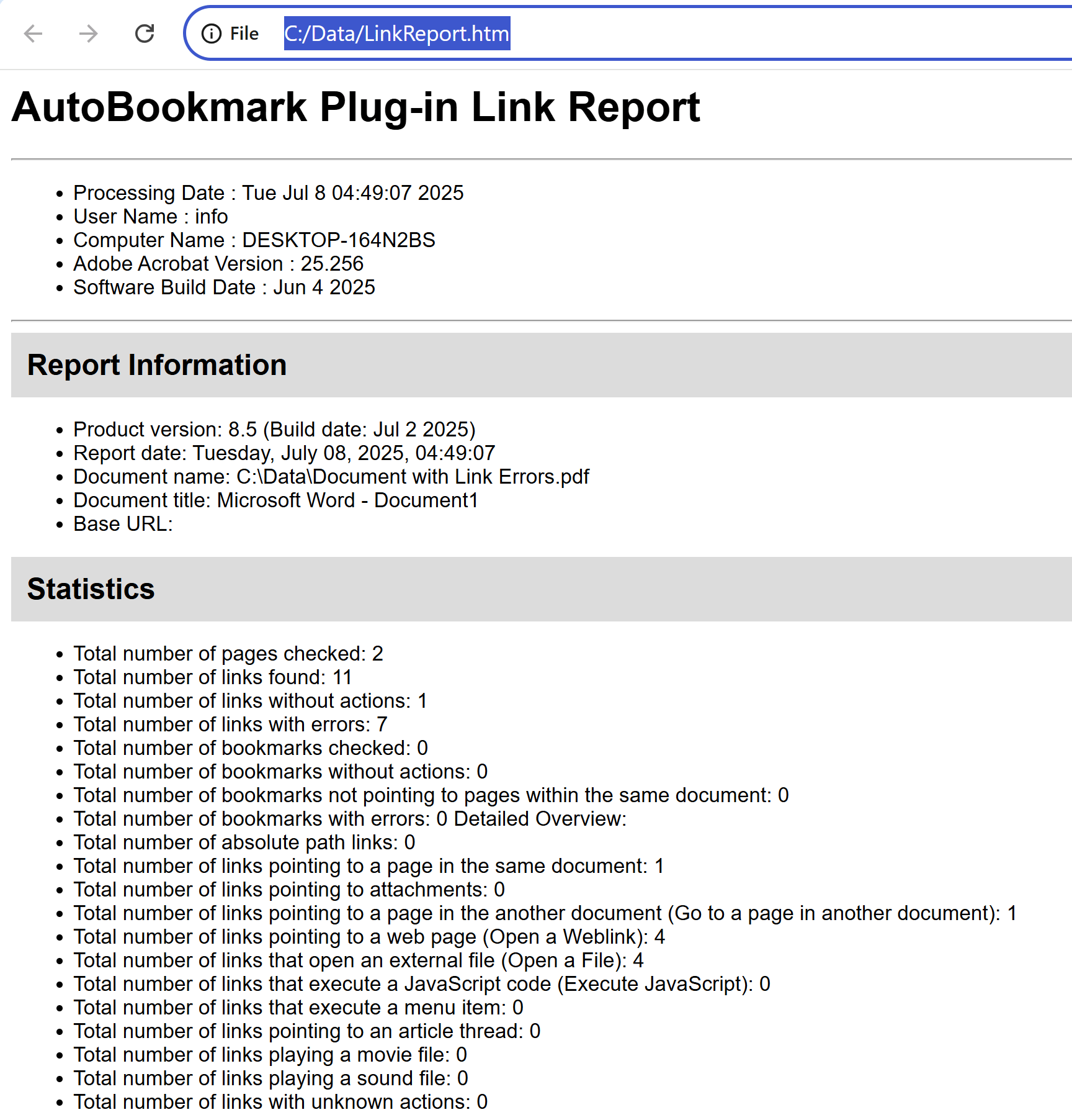 First part of HTML link report