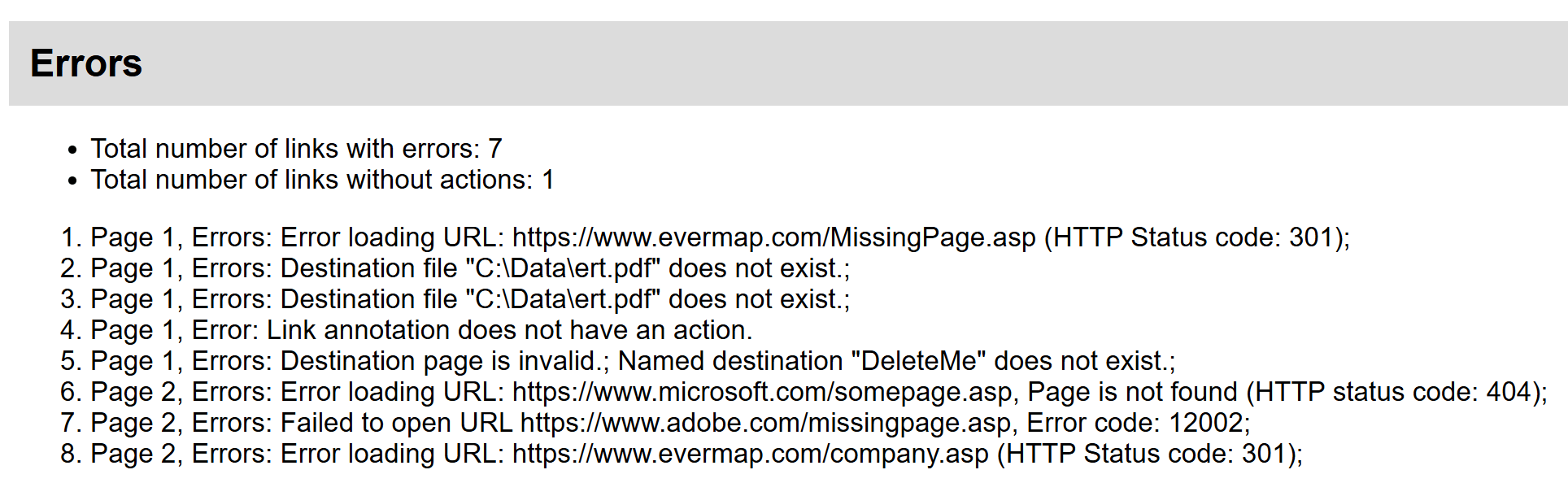 The link and bookmark report contains errors description