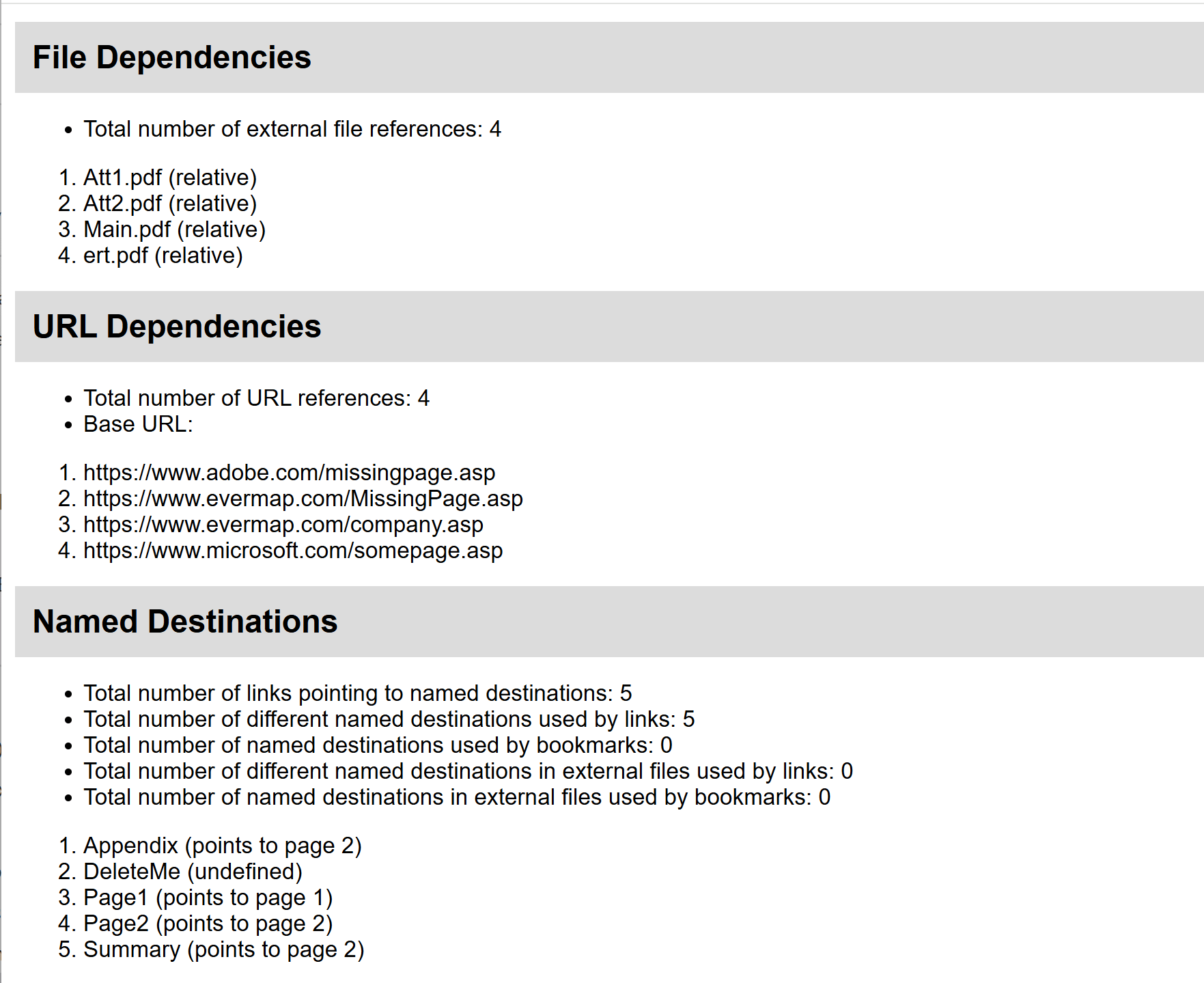 Example of the link and bookmark report