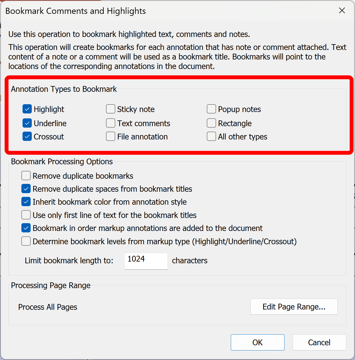 Select desired annotation types for bookmarking