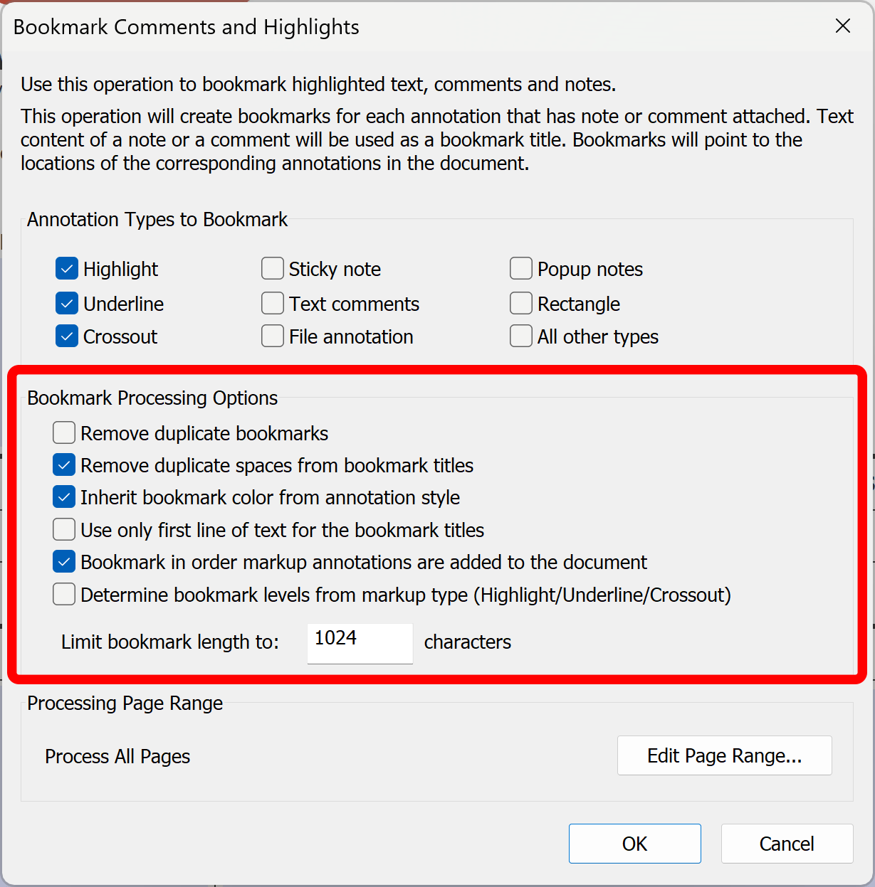 Specify bookmark processing options