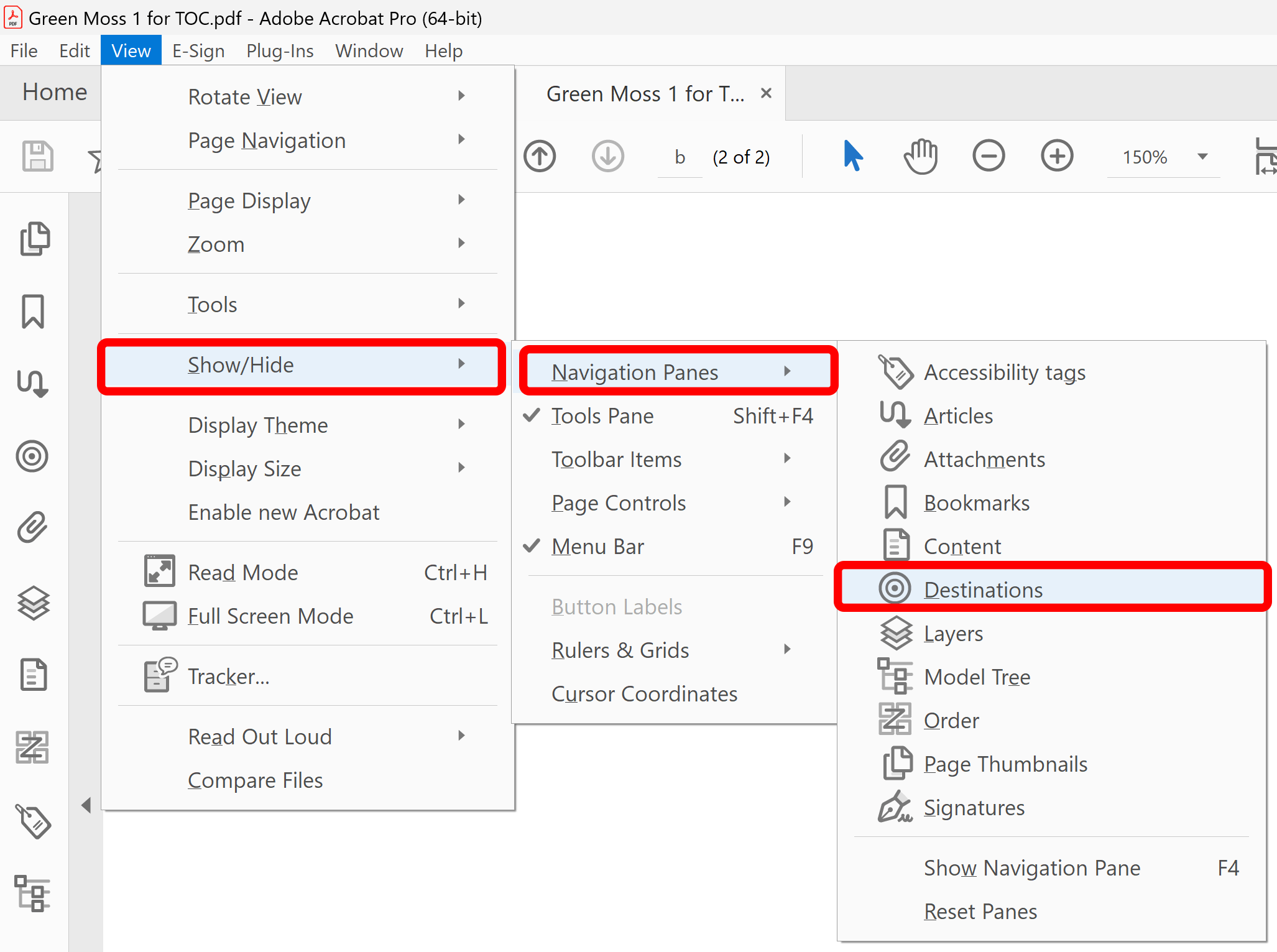 Classic destinations menu