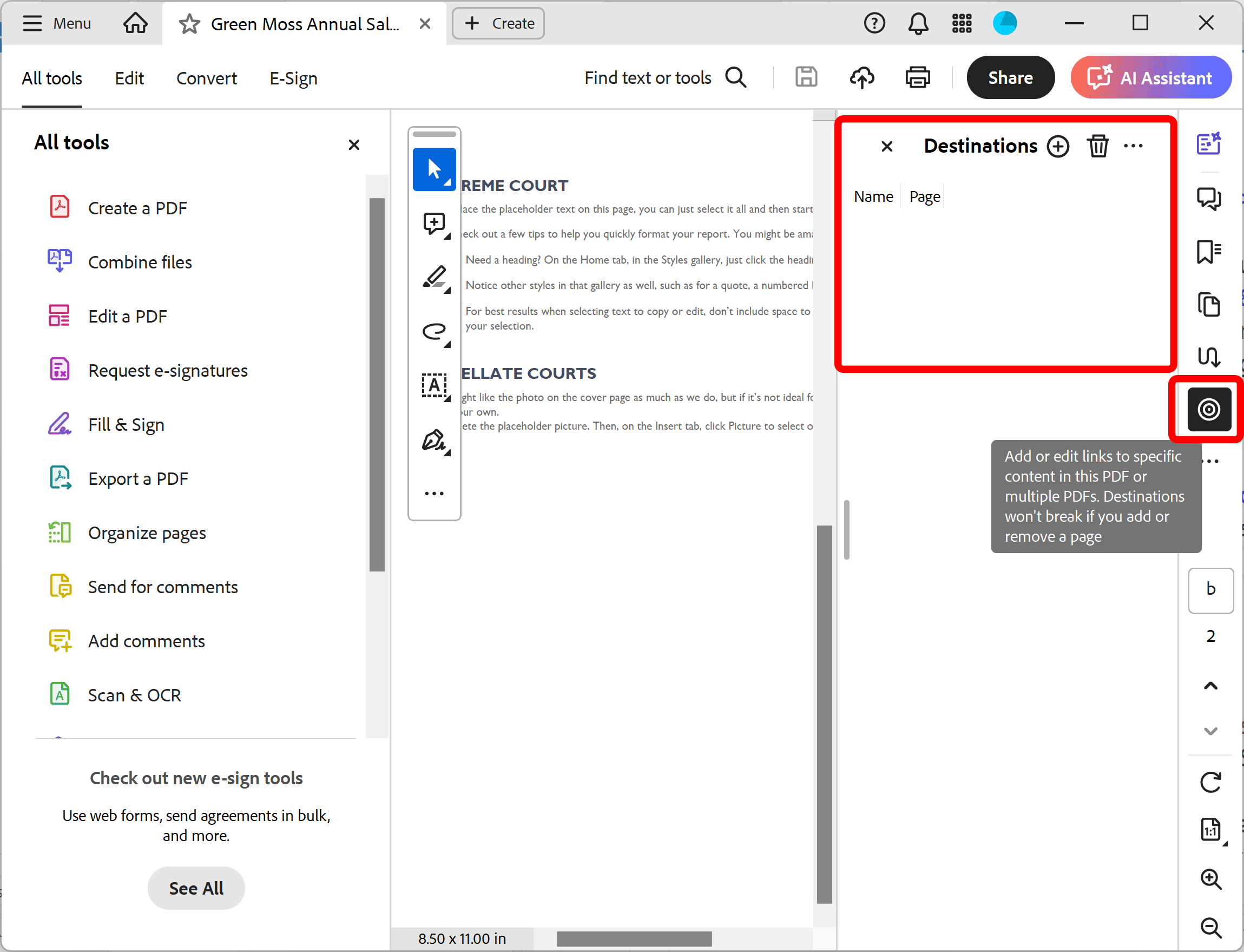 New Destinations panel and icon