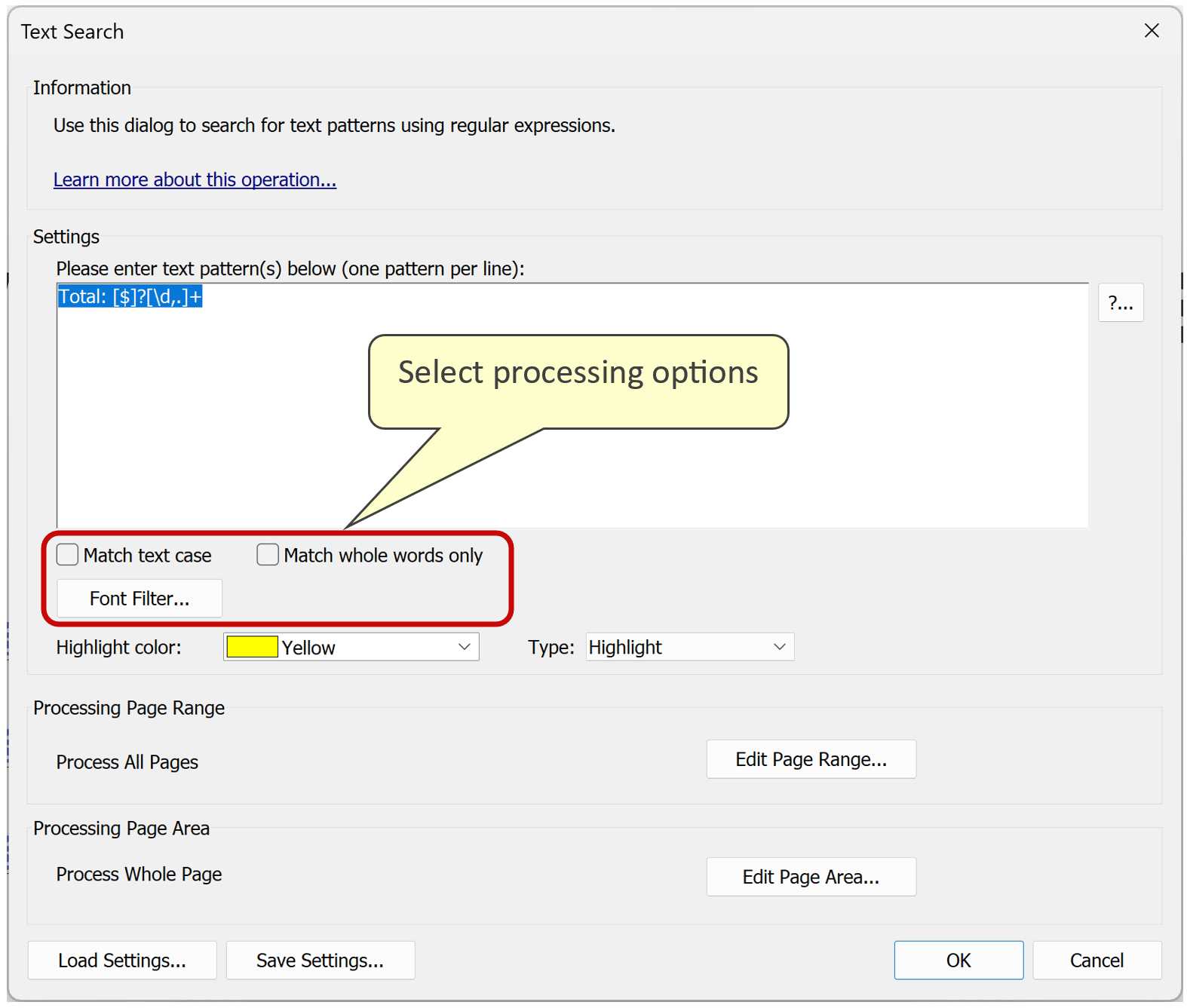 select processing options