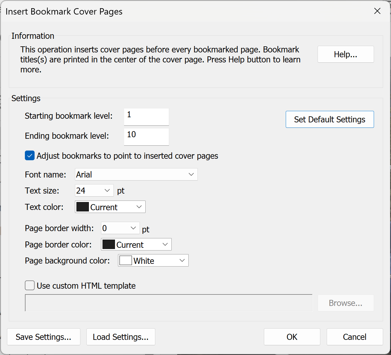 Insert Bookmark Cover Pages Dialog Screen