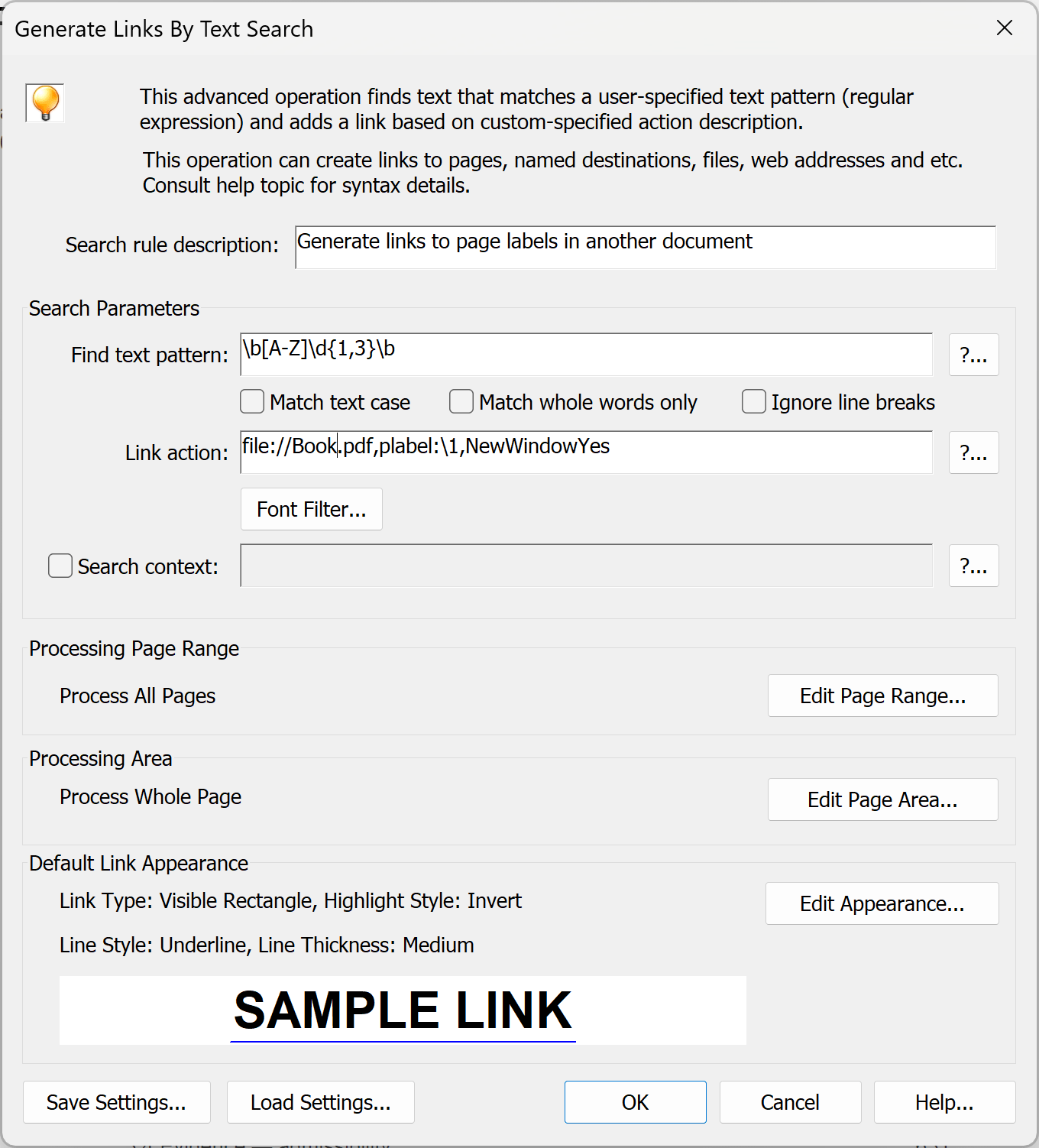 Generate Links by Text Search dialog