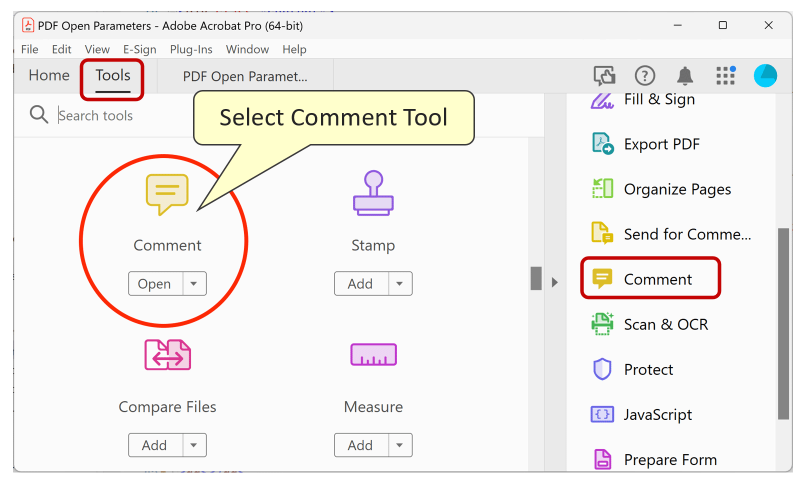 Select Comment tool from Acrobat Tools panel