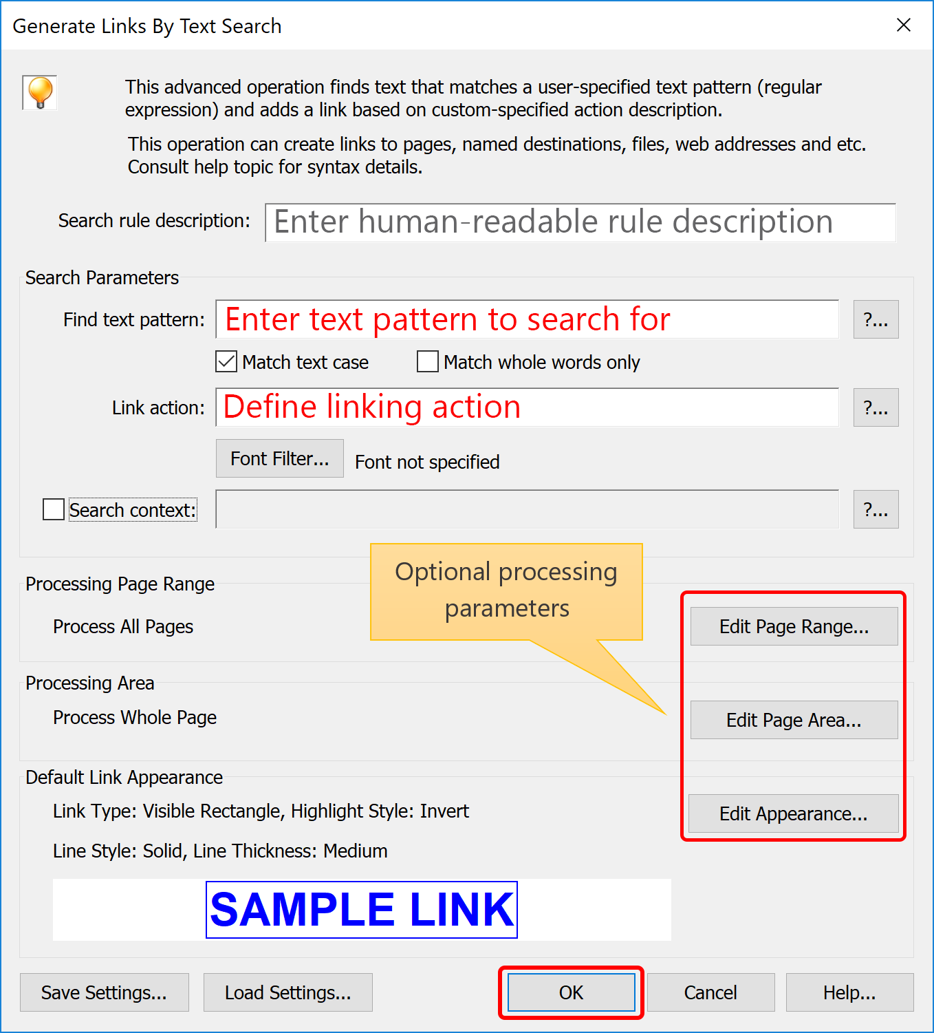 create links by text search dialog