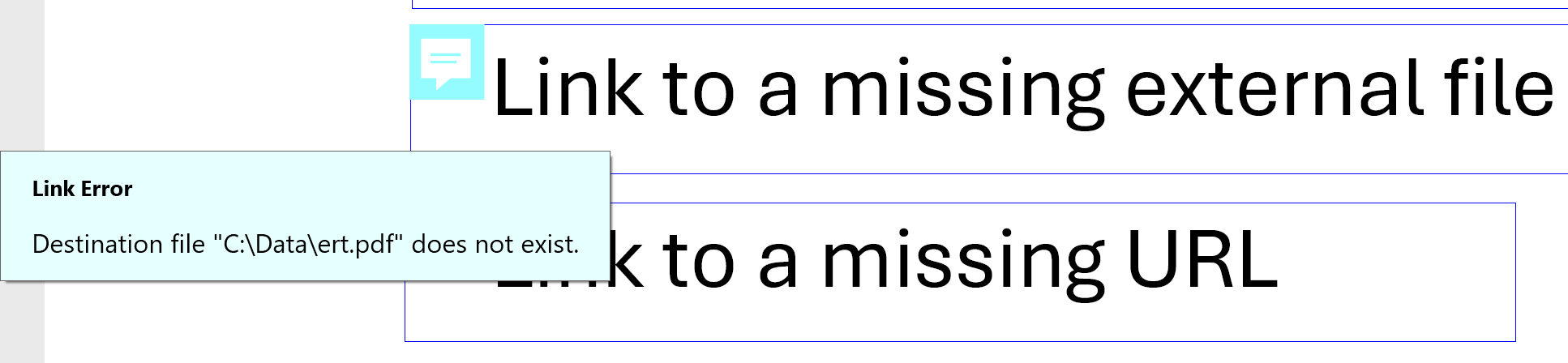 Point mouse cursor at note icon to see a corresponding link error