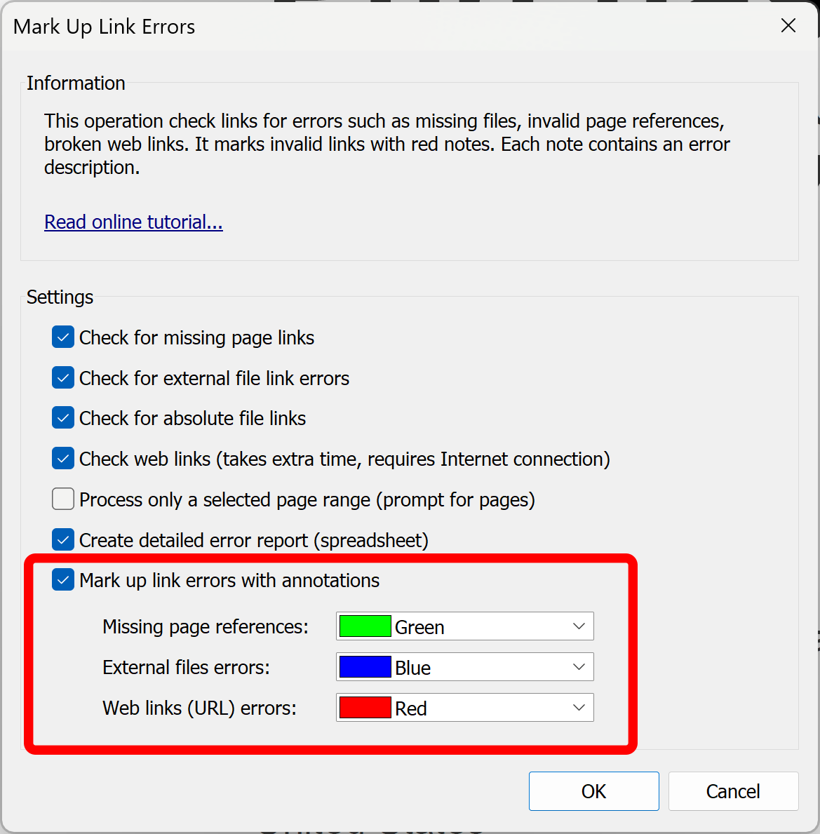 Select markup options for link errors