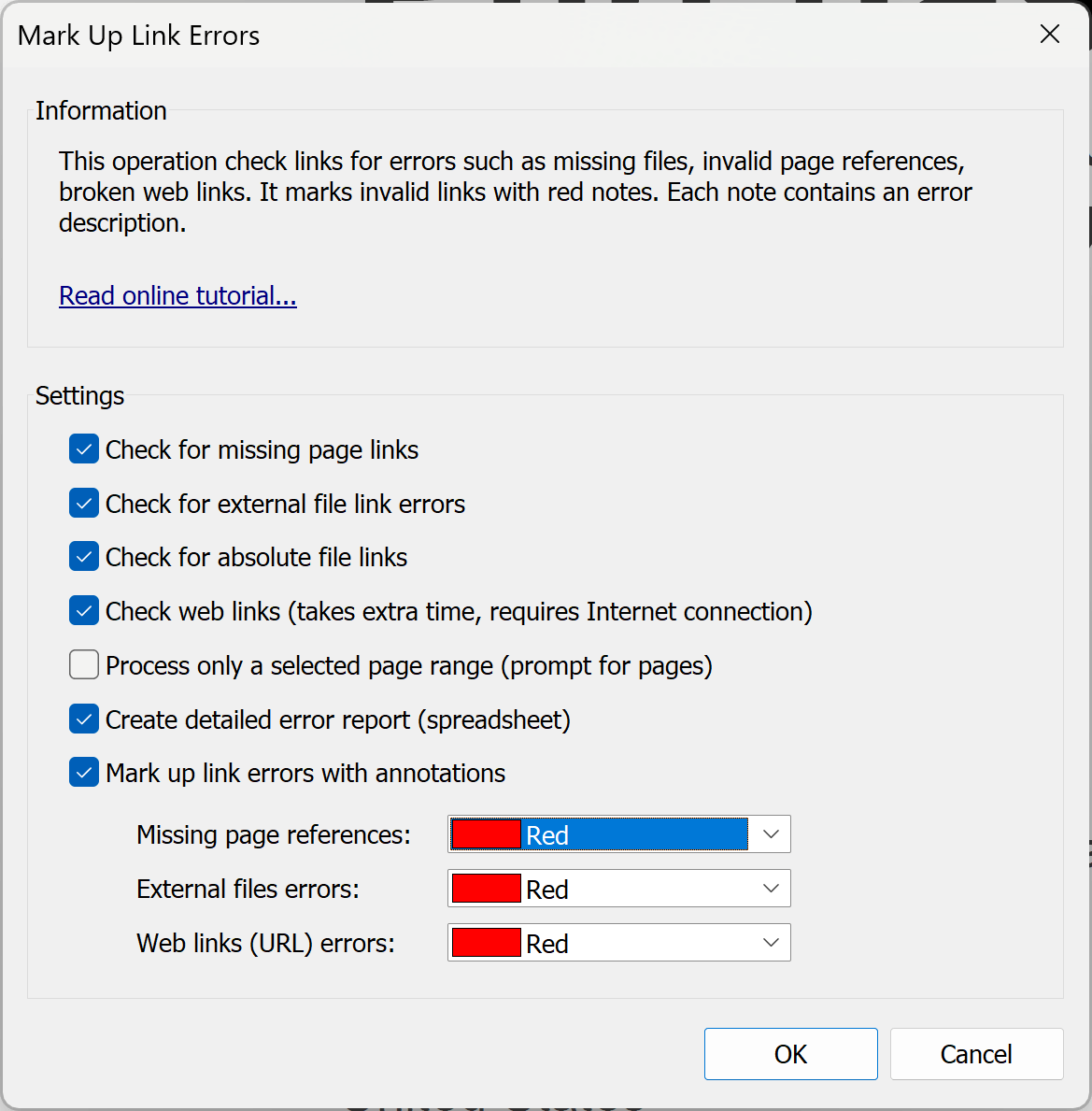 Select processing settings for link checker