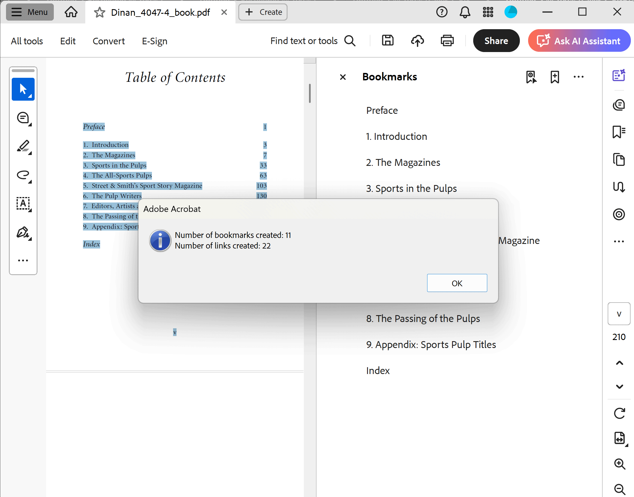 Verify number of bookmarks created