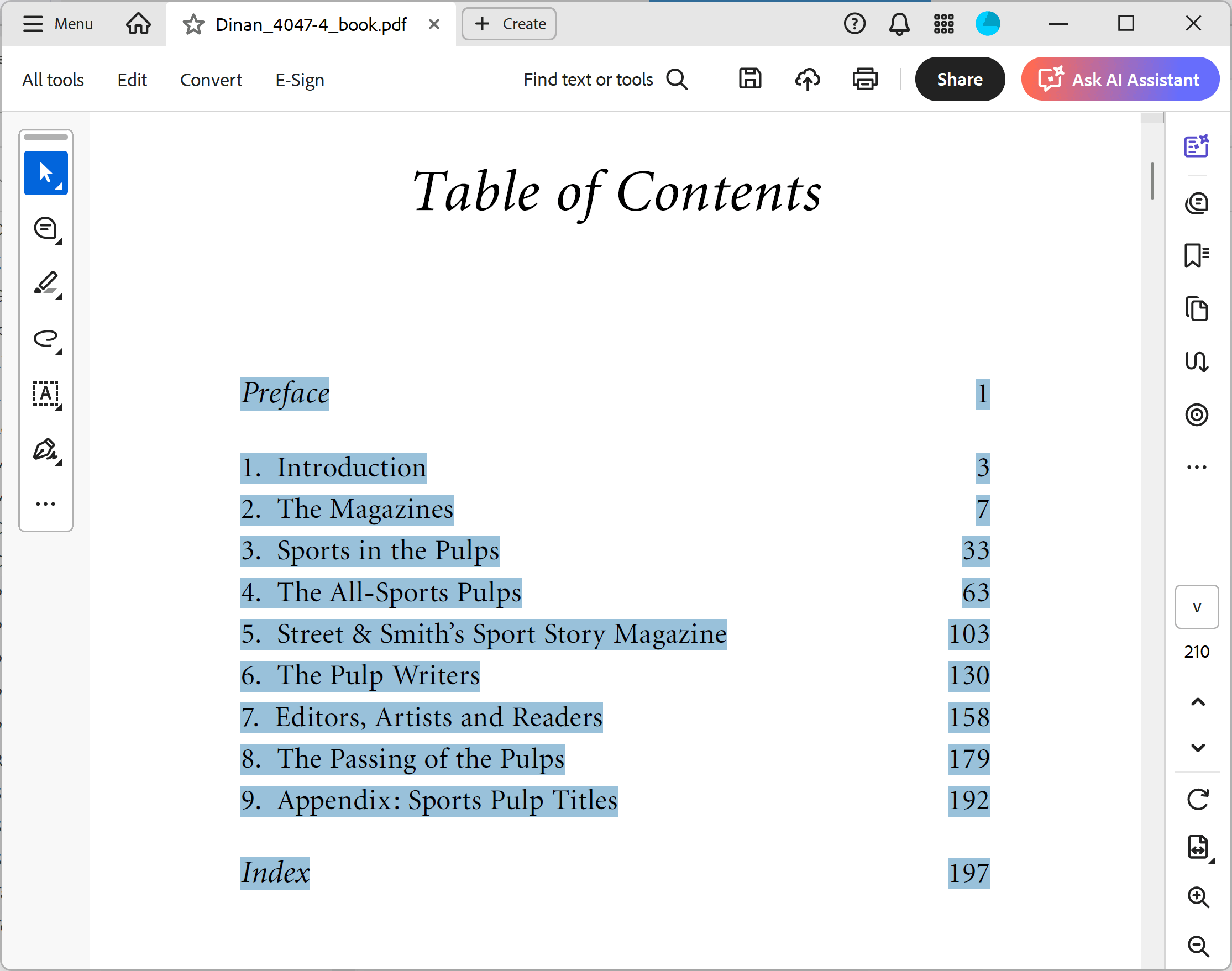Select table of contents on the page