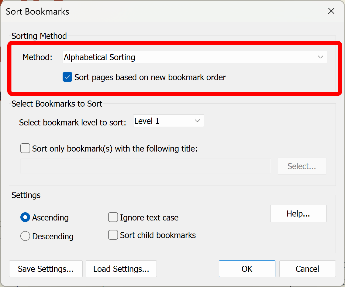 Selecting PDF bookmark sorting settings