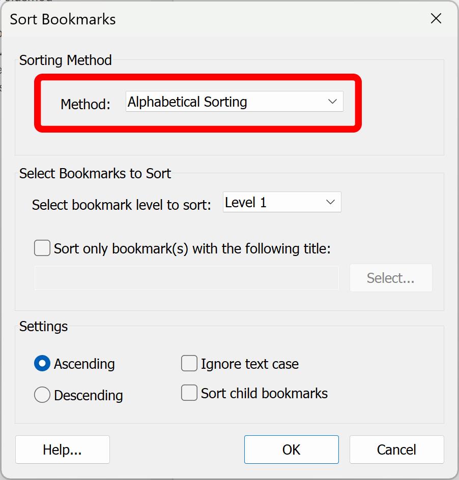 Sorting bookmarks settings