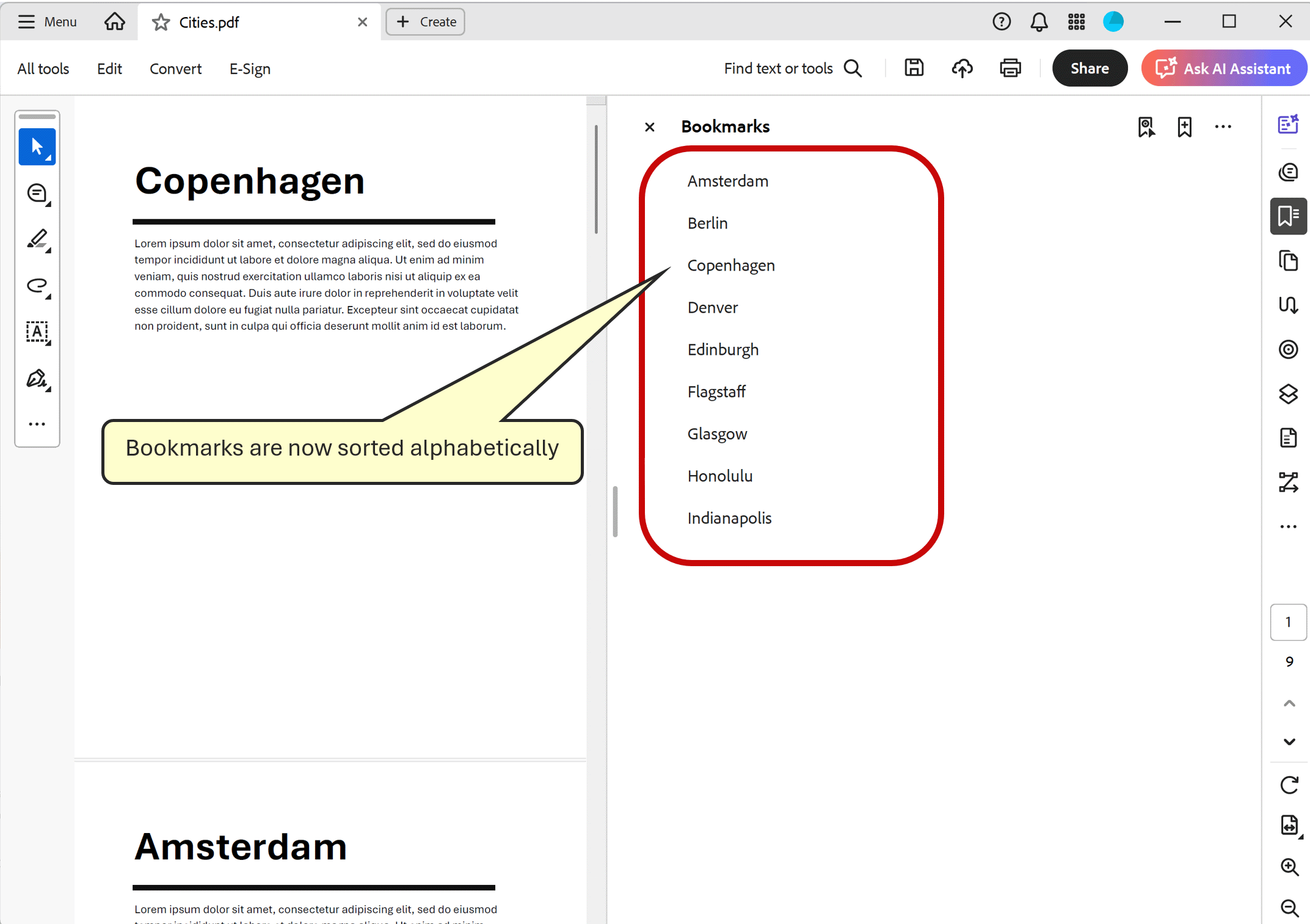Sorted bookmarks view