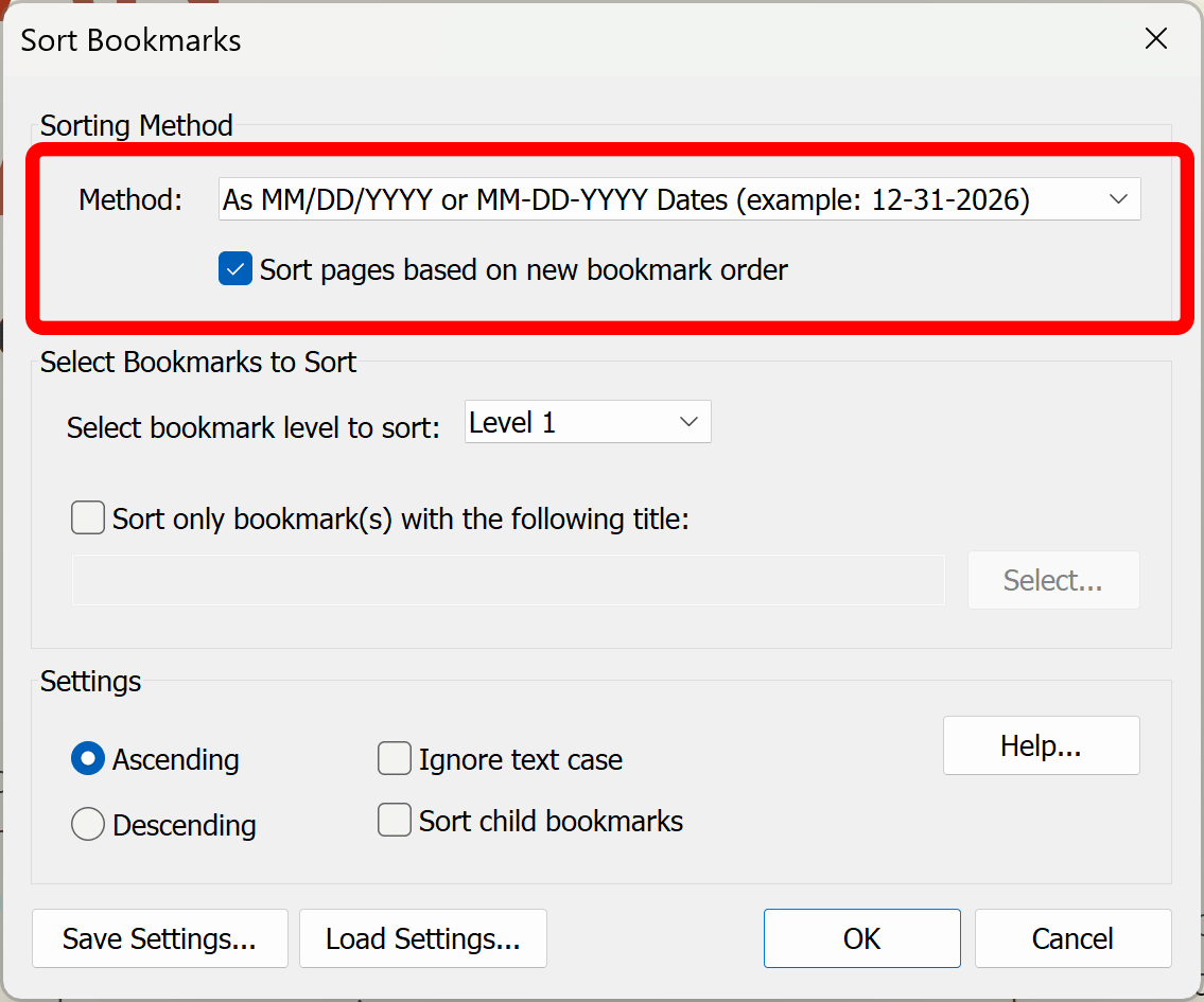 Sorted bookmarks view