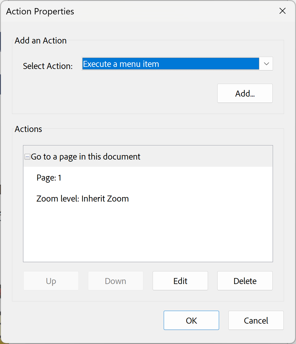 Use Action Properties dialog to customize bookmark action