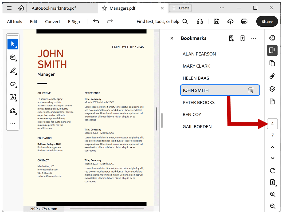 Document view after moving a bookmark