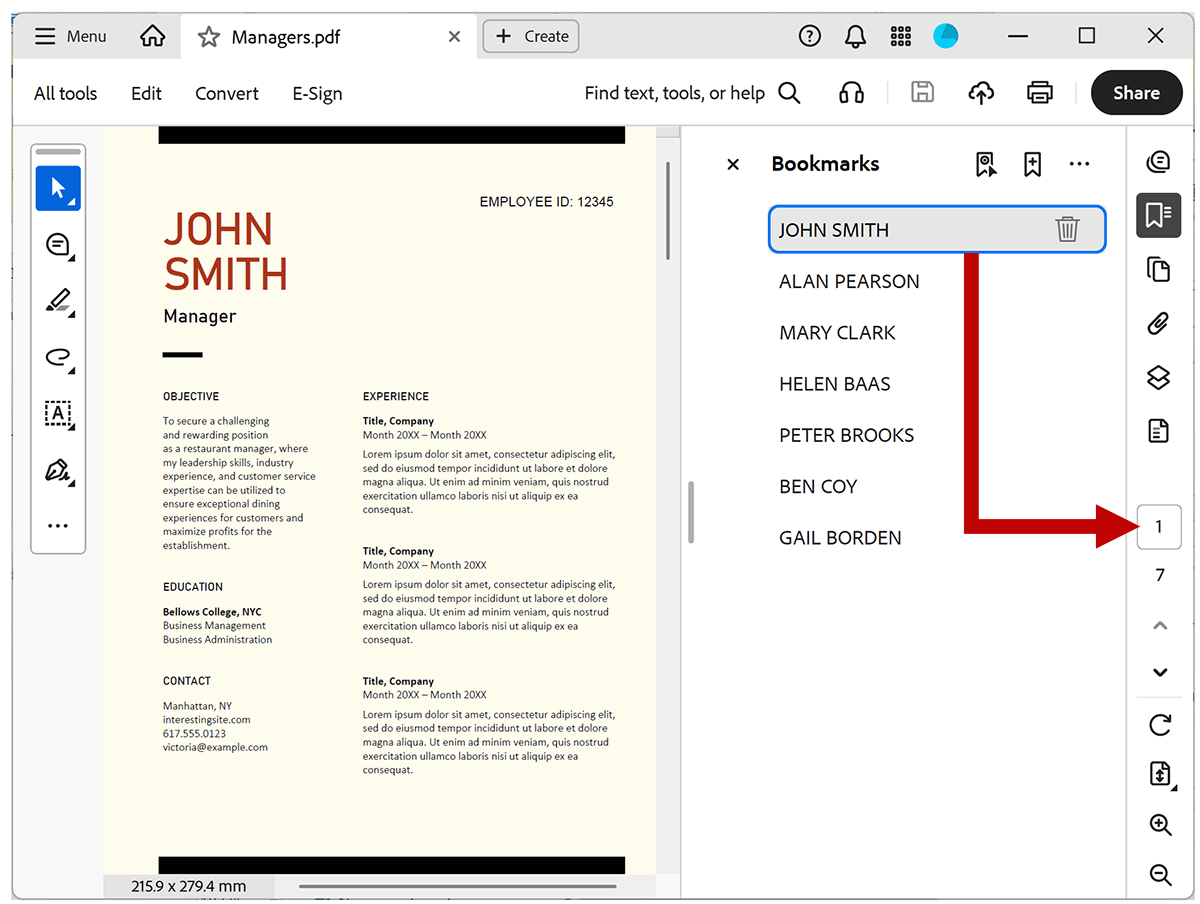 Document view before moving a bookmark