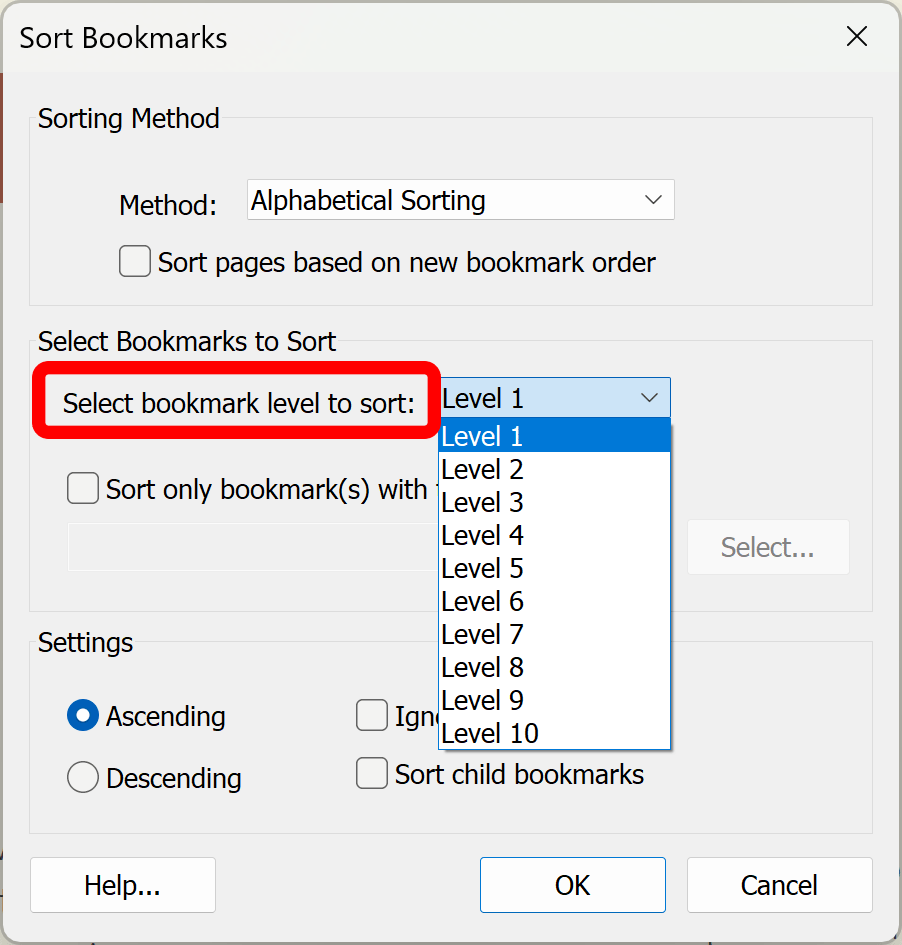 Select bookmark level for sorting