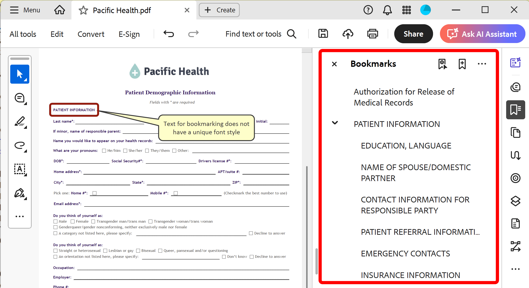 multi-level bookmarks output