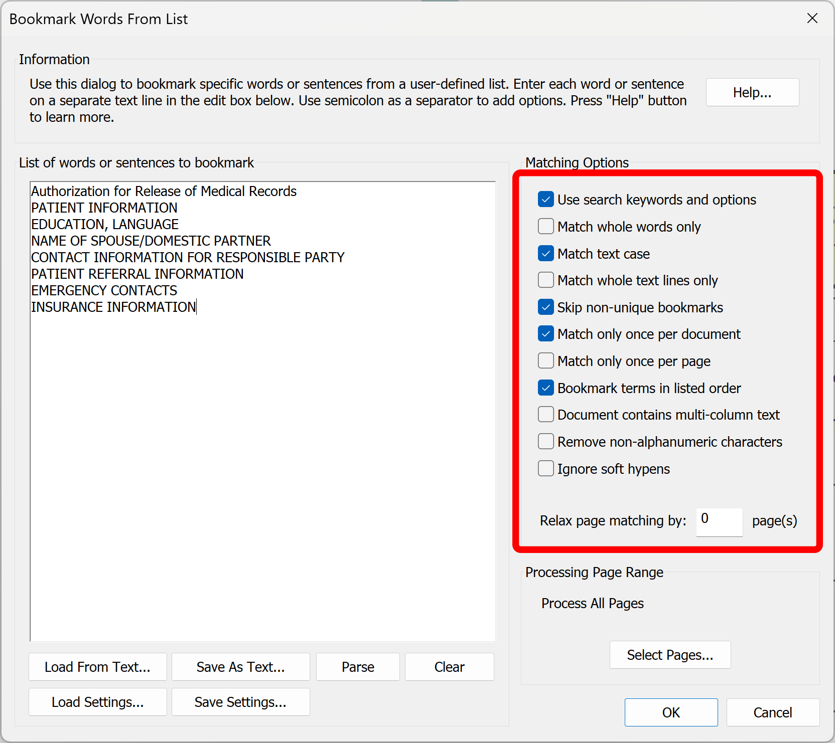 select processing options