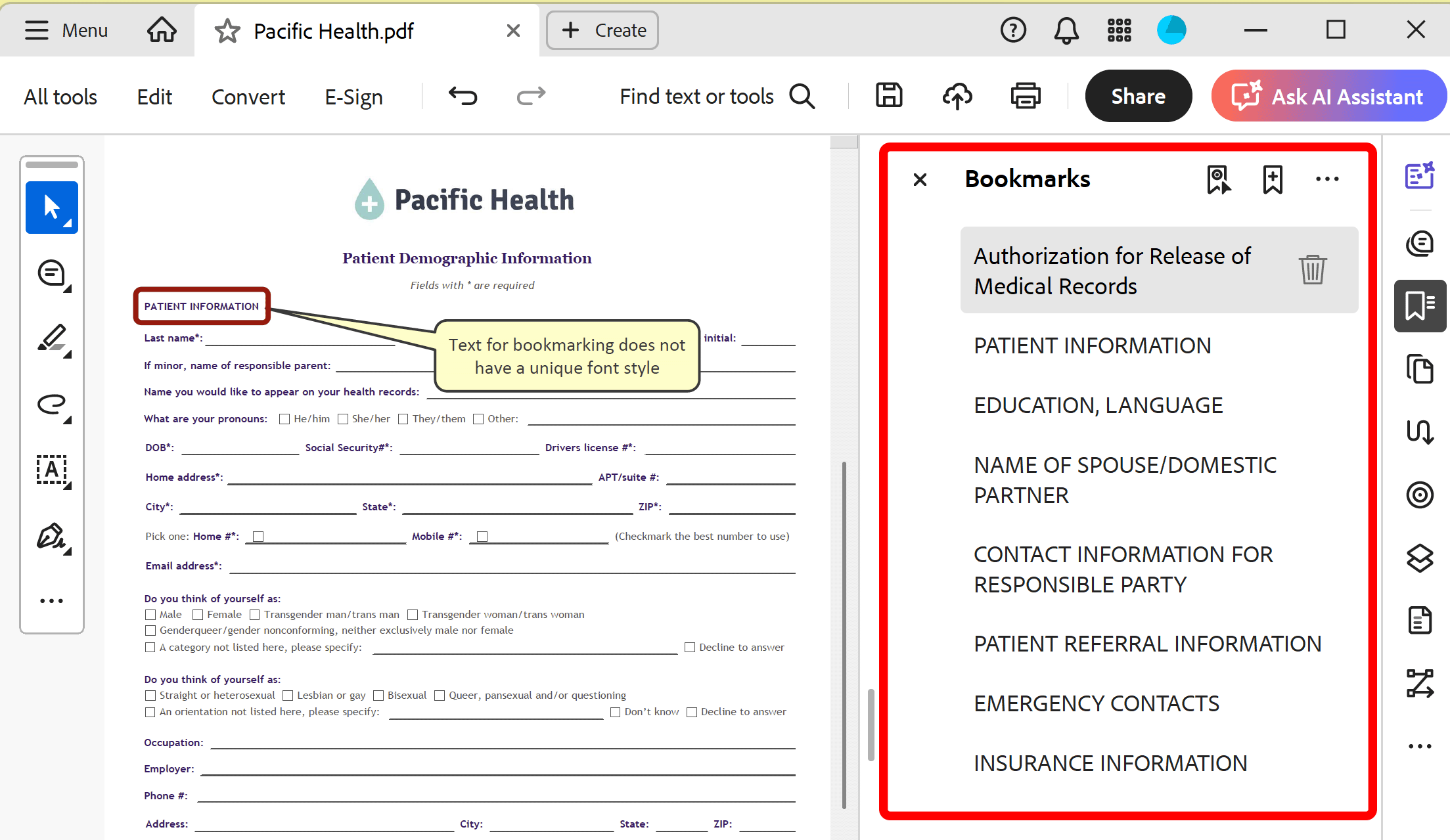 single-level bookmarks output