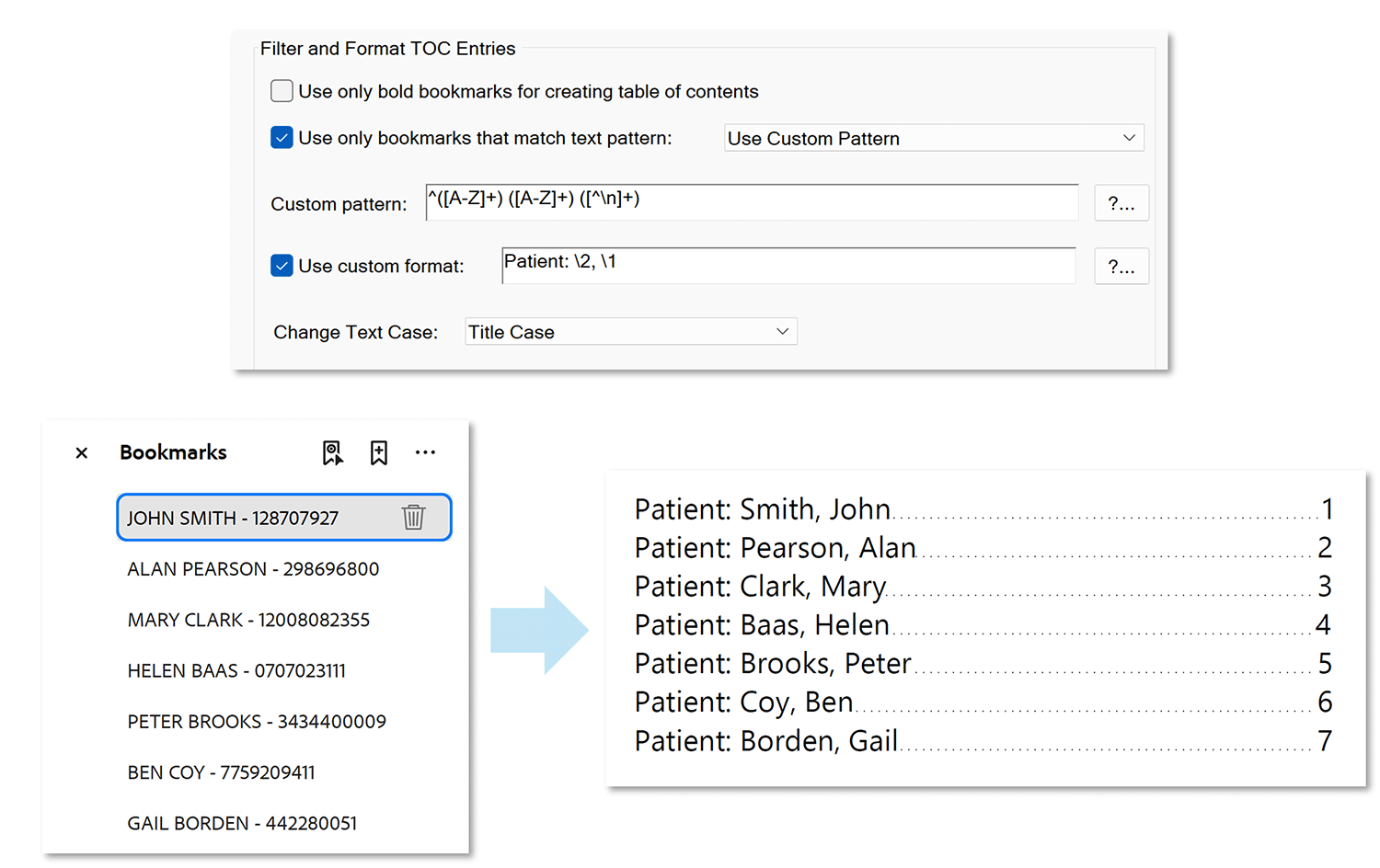 TOC example created
    by switching words around, inserting custom text and removing unwanted number from the bookmark title.