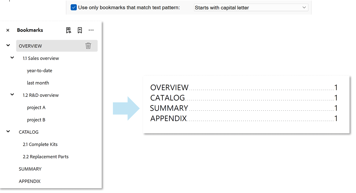 TOC example created
        from only bookmarks that starts with capital letter.