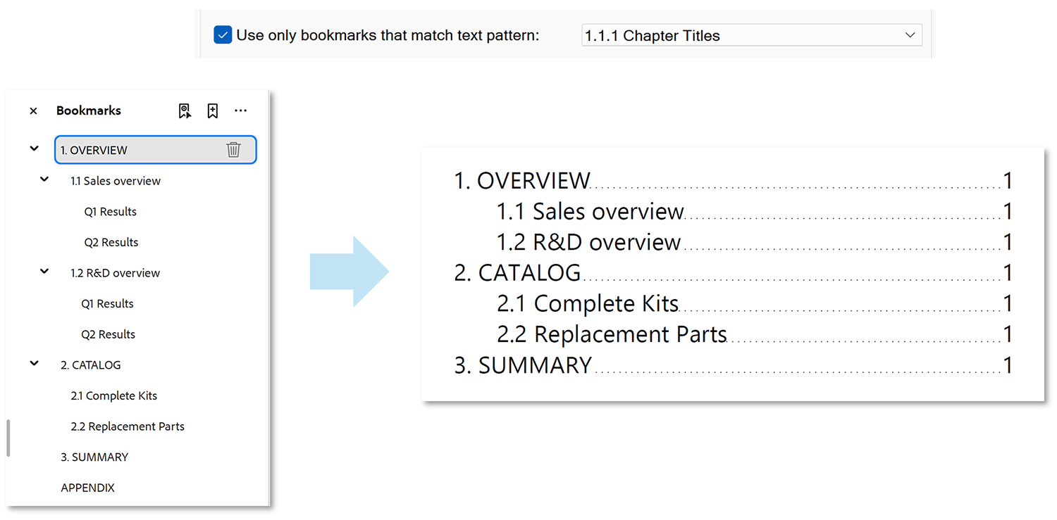 TOC example created
        from only bookmarks that starts with chapter titles such as 1.1.