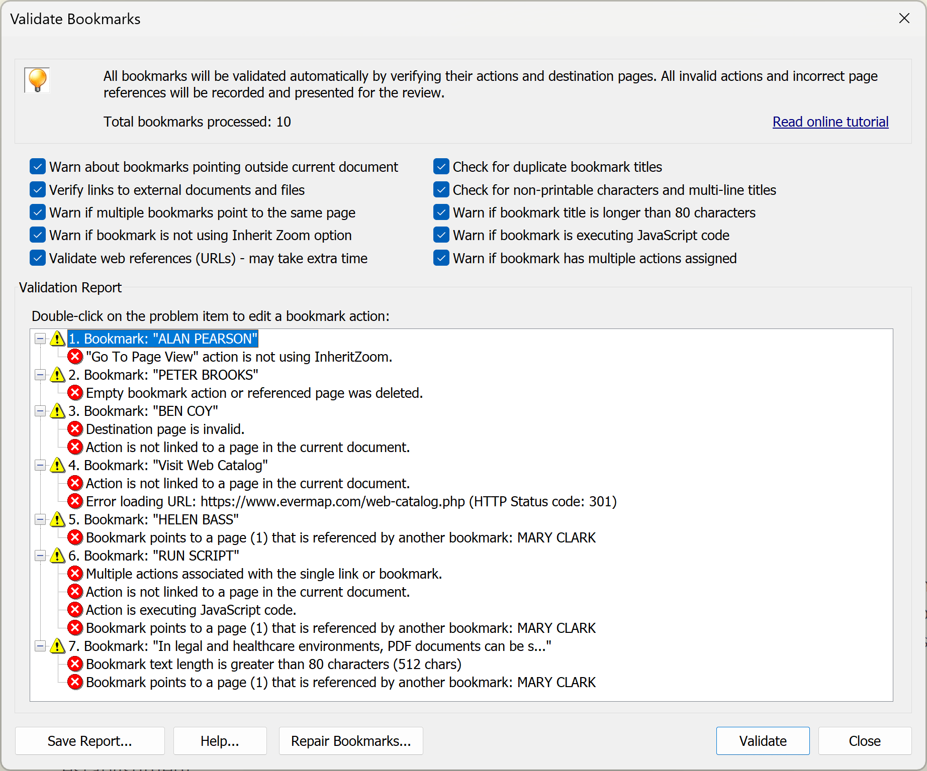 Reviewing pdf bookmarks errors and issues
