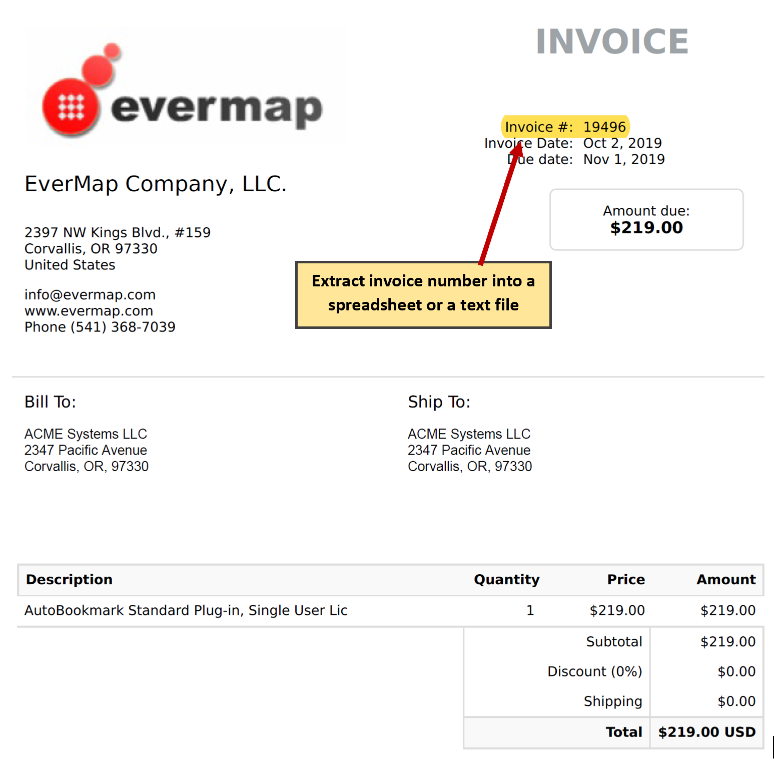 Sample invoice page with extraction text highlighted