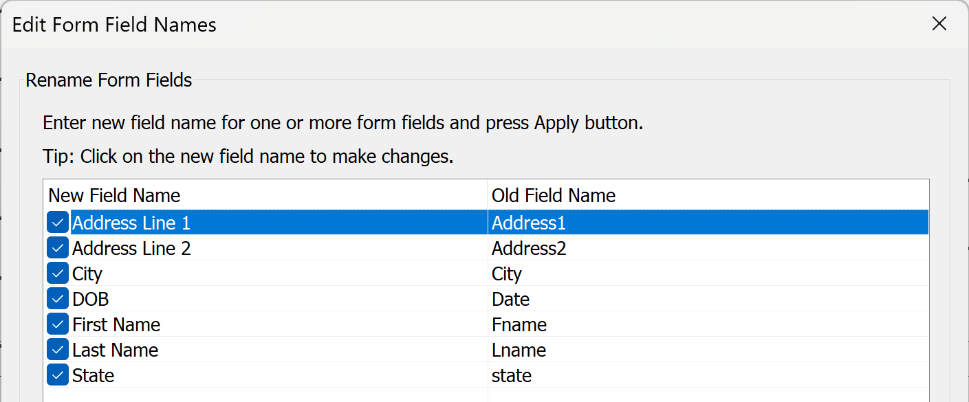 Editing PDF form field names